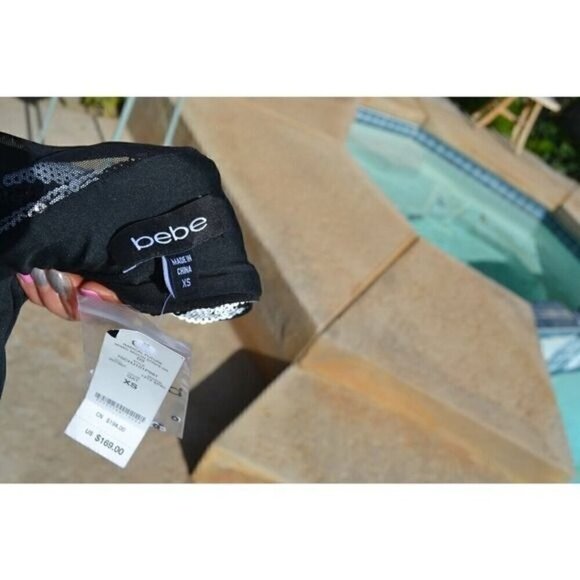 NEW Bebe Sequin Cocktail Party Mini Dress Black White Chevron XS Small LT01P - Picture 7 of 8